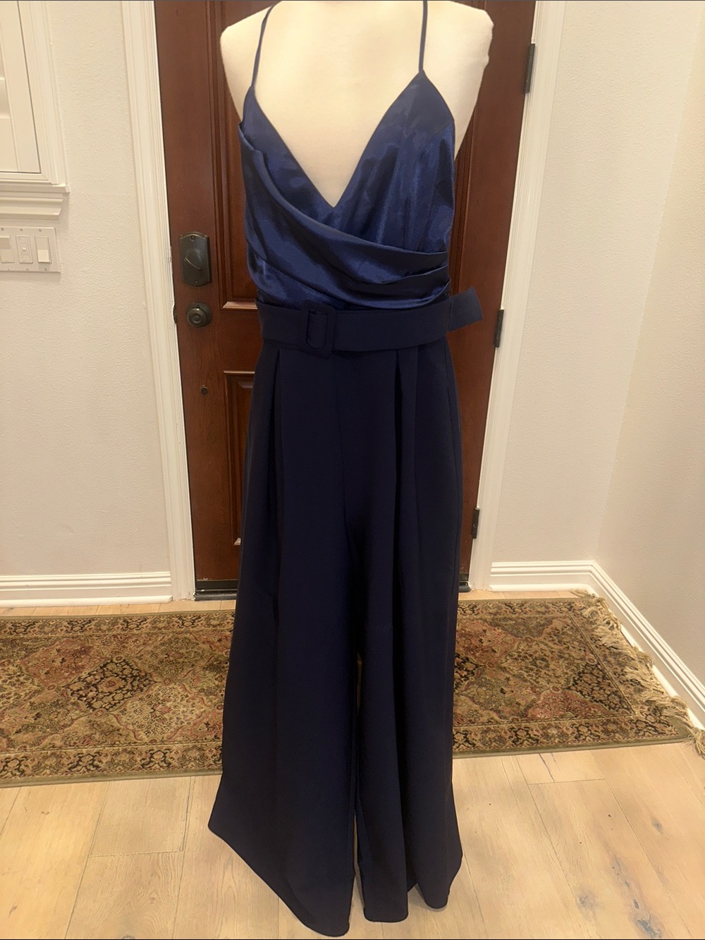 Navy Satin-Top Wide-Leg Jumpsuit